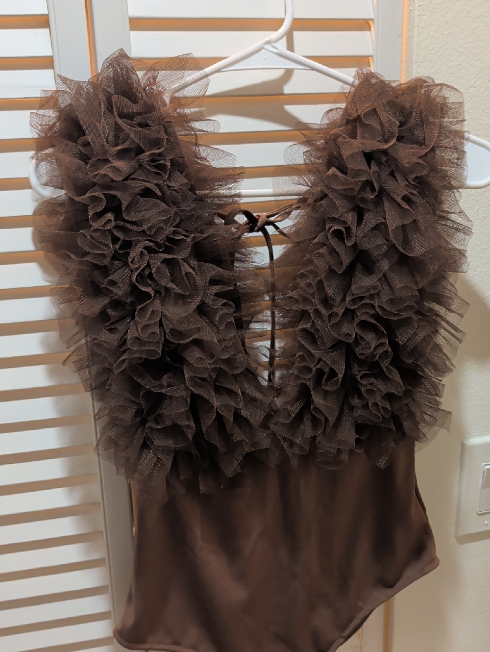 Women’s Brown Ruffle Mesh Bodysuit